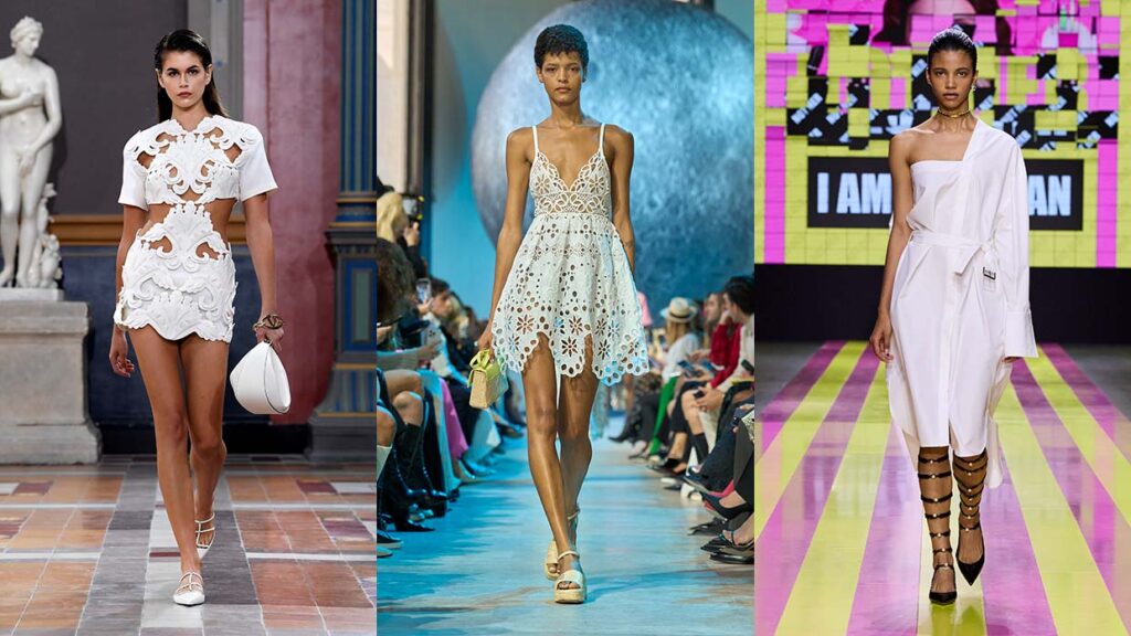 Witte jurken op de catwalks. Photos courtesy of Valentino, Elie Saab, Dior