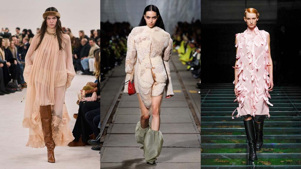 Jurkentrends voor winter 2024 2025. Photos courtesy of Chloé, Alexander McQueen, Prada 