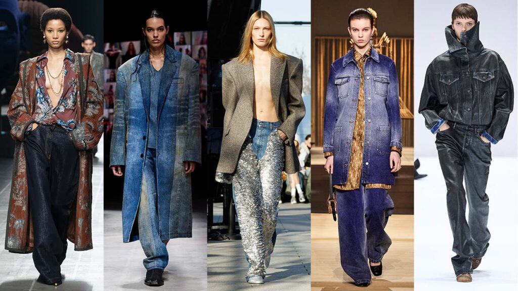 Spijkerbroeken trends voor winter 2024 2025. Photos courtesy of Etro, Diesel, Stella McCartney, Dior, Acne Studios