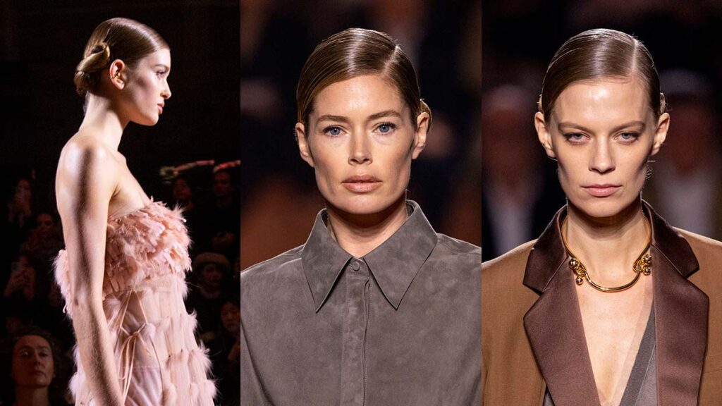 Wet looks en knotjes voor de kapsels bij Fendi voor winter 2025 2026. Photo courtesy of Fendi